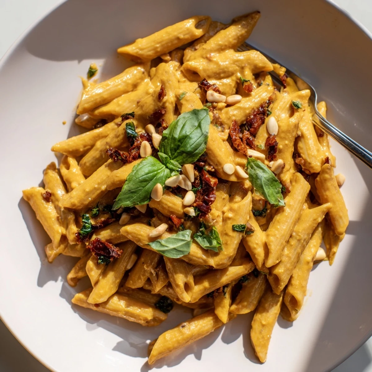 Creamy vegan sun dried tomato pasta tossed in rich dairy-free sauce with fresh basil garnish
