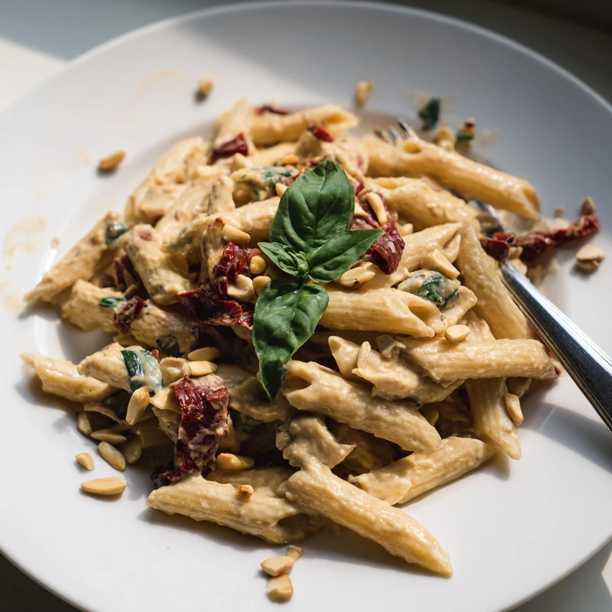 Plate of vegan sun dried tomato pasta featuring smooth cashew sauce and toasted pine nuts