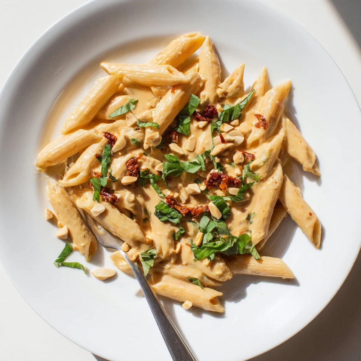 Twirled pasta noodles coated in luscious sun dried tomato cream sauce with chopped herbs