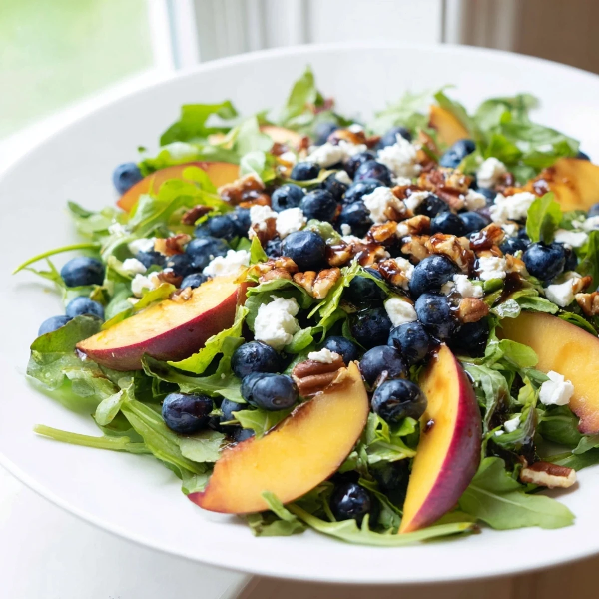 Colorful blueberry peach feta salad bowl showcasing fresh summer fruits over mixed greens