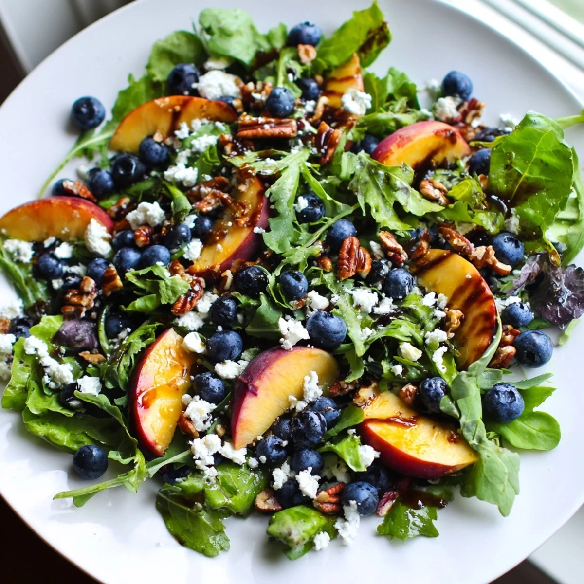 Juicy peaches and blueberries layered with creamy feta in this vibrant summer salad recipe