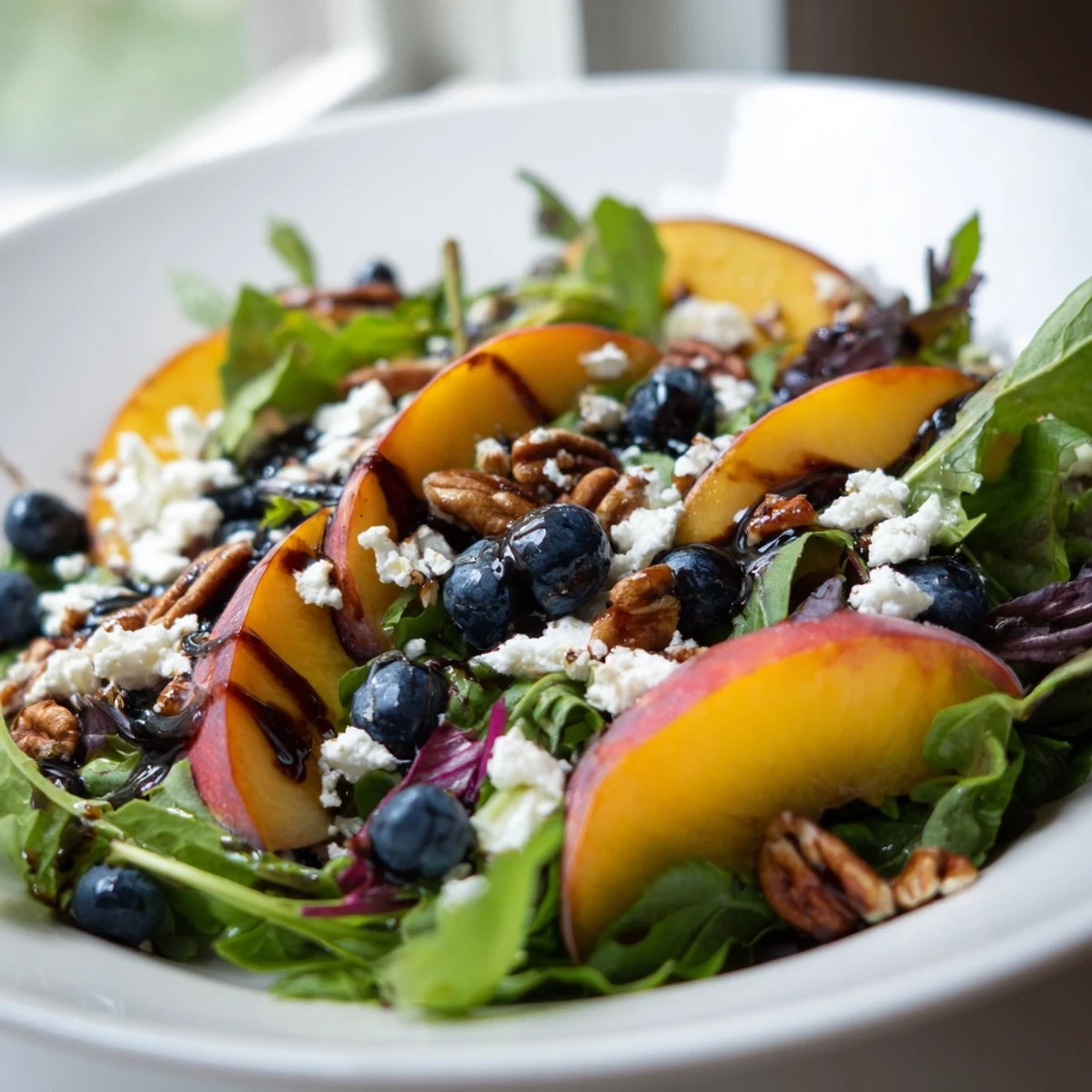 Fresh blueberry peach feta salad arranged on white plate with toasted pecans and balsamic dressing