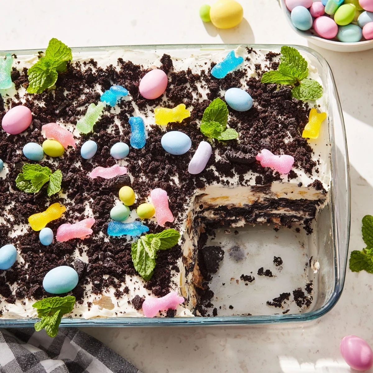 Easter dirt cake casserole with layers of creamy pudding topped with crushed chocolate cookies and colorful pastel candy eggs