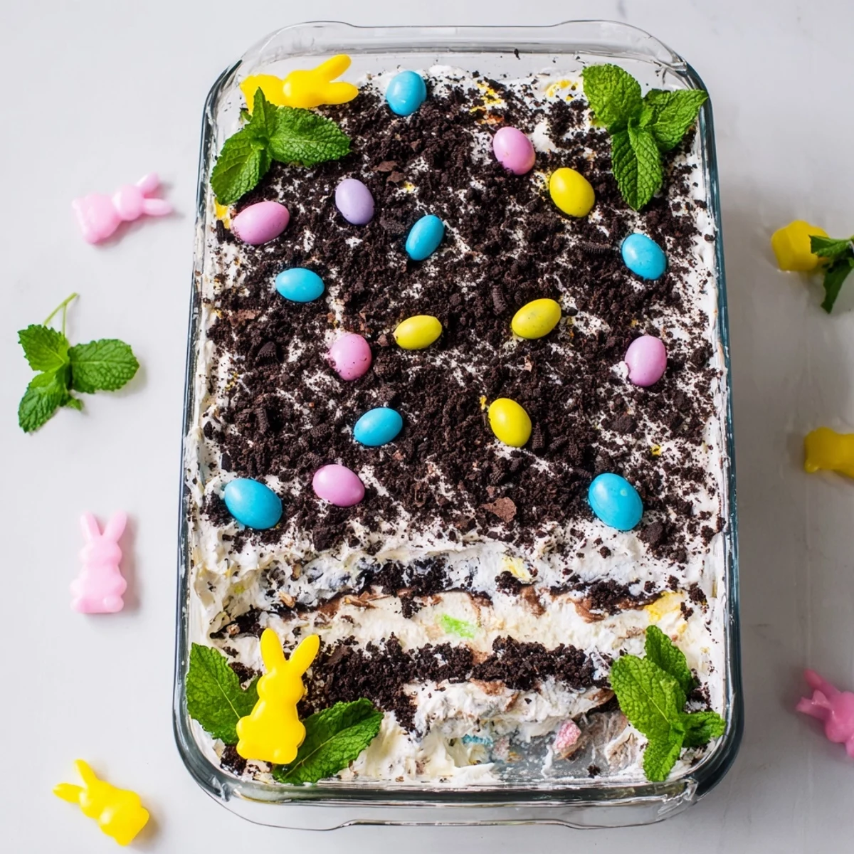 Spring dessert dish featuring vanilla pudding layers, cookie crumb dirt, and festive Easter candies arranged in a casserole pan