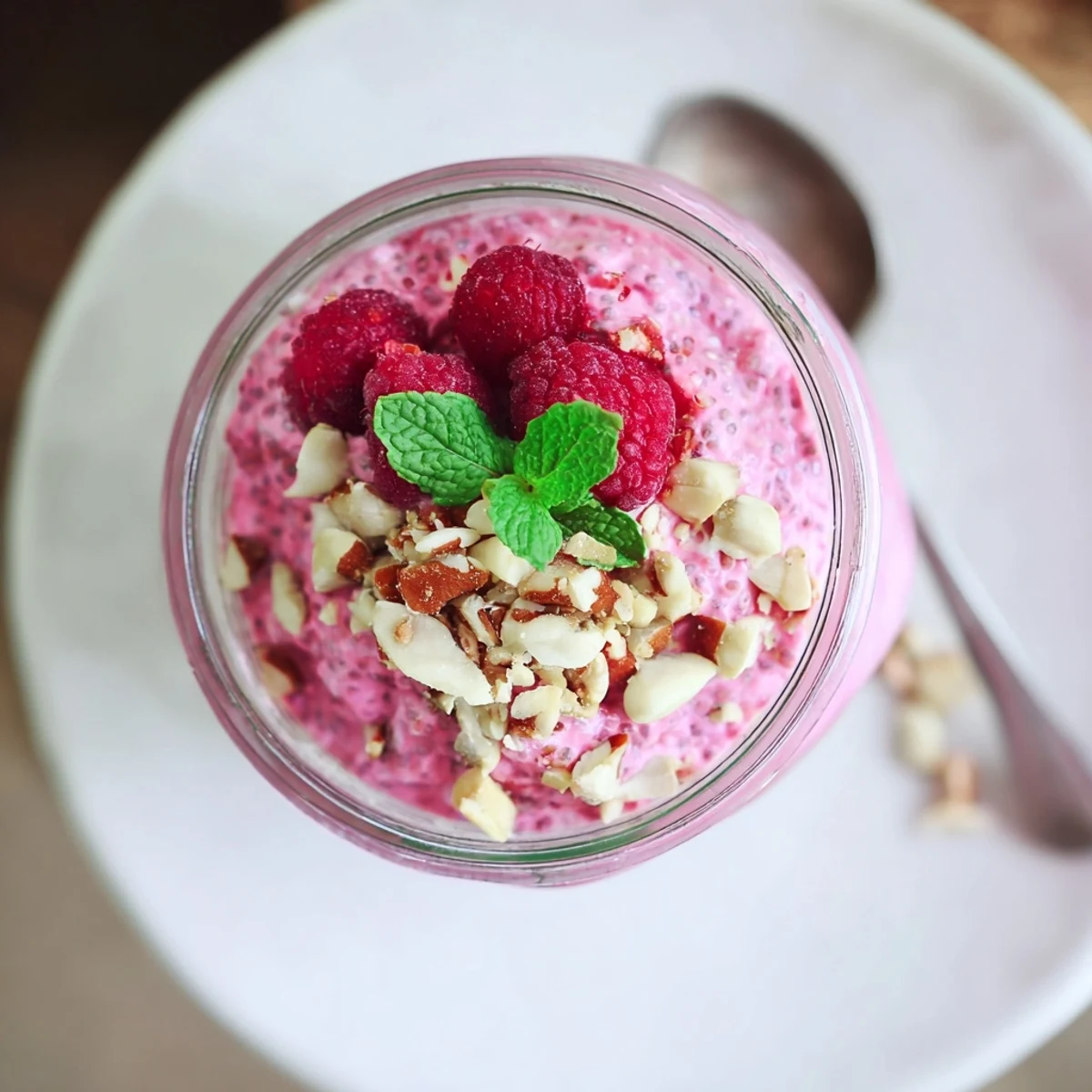 Vibrant pink raspberry chia pudding spoon ready for breakfast with granola and whole raspberries