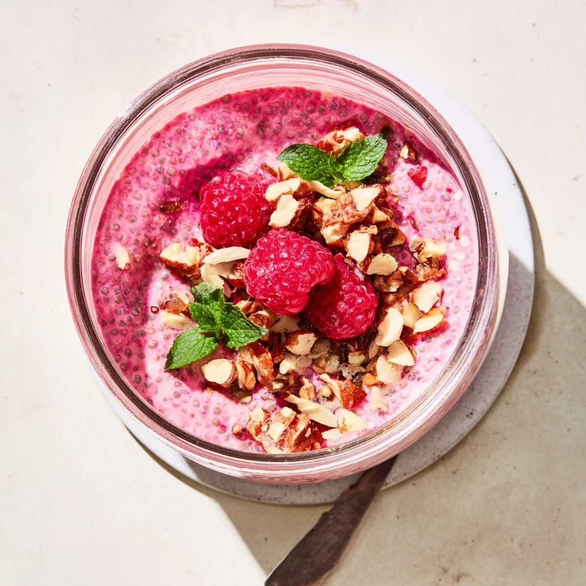 Creamy raspberry chia pudding layered in glass jars topped with fresh red berries and mint