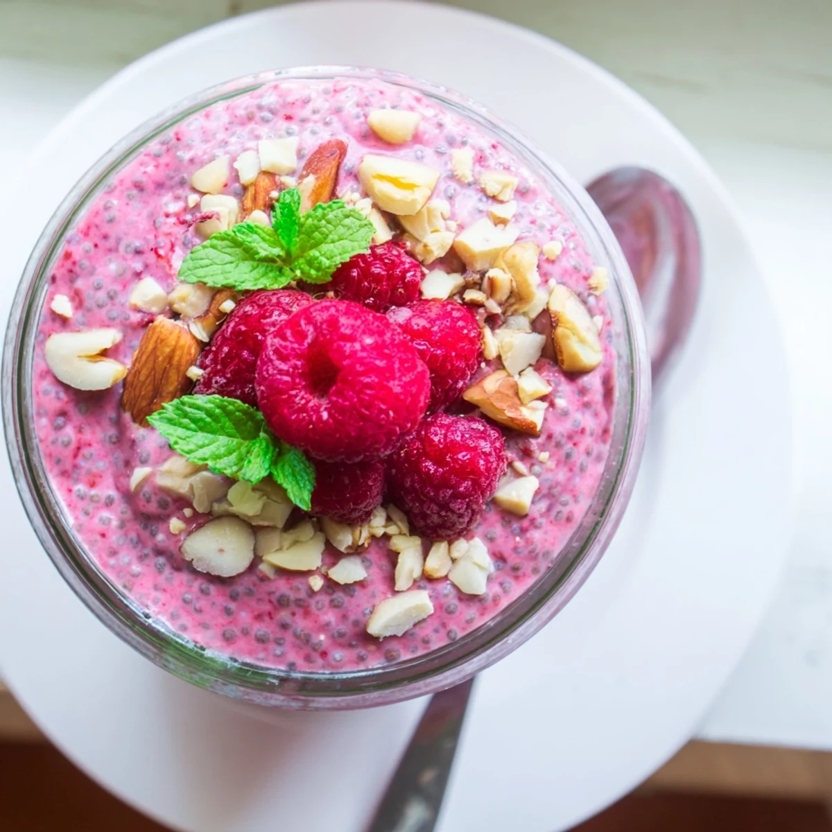 Thick smooth raspberry chia pudding dessert garnished with fresh fruit and chopped nuts