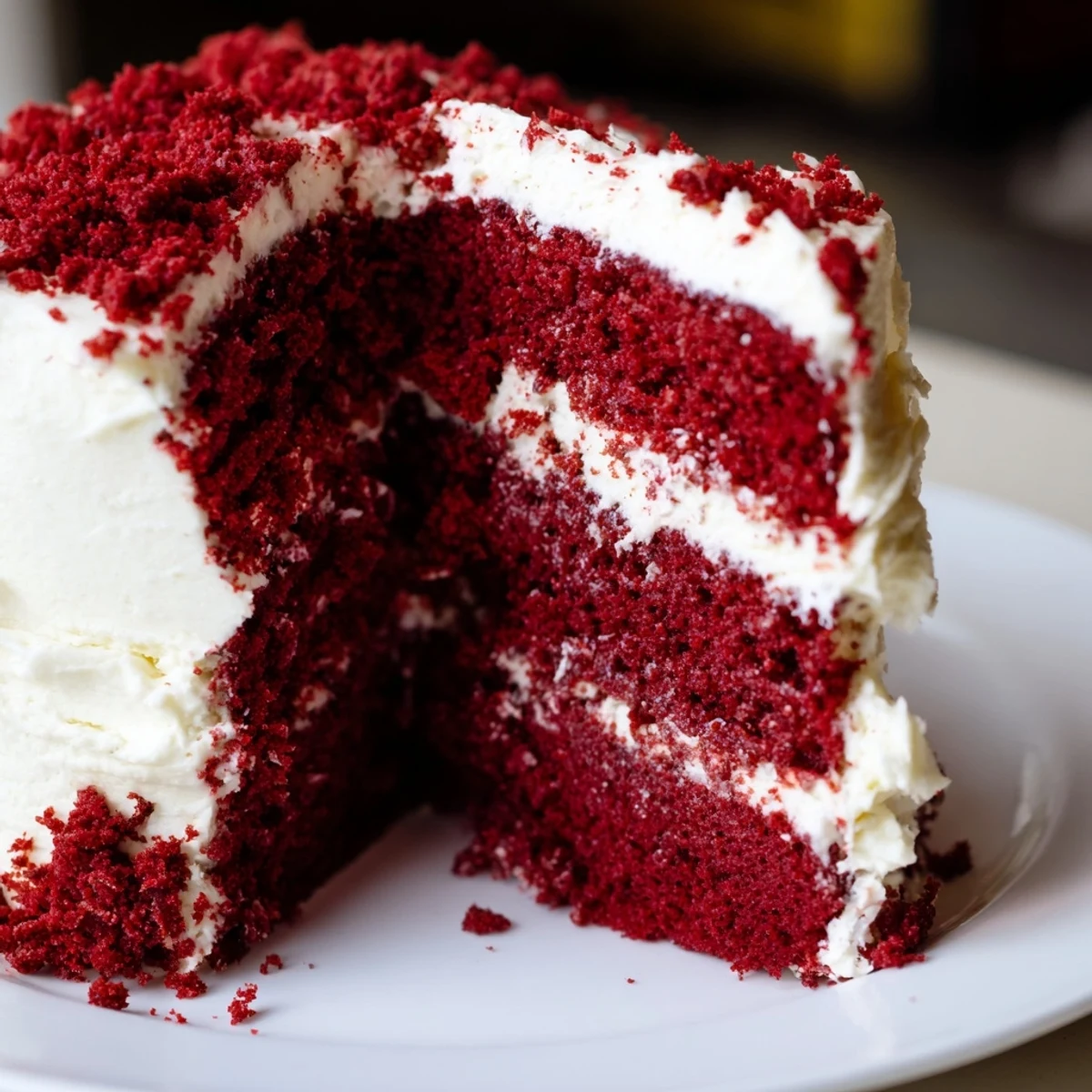 Moist red velvet cake recipe layered with creamy white frosting on a serving plate