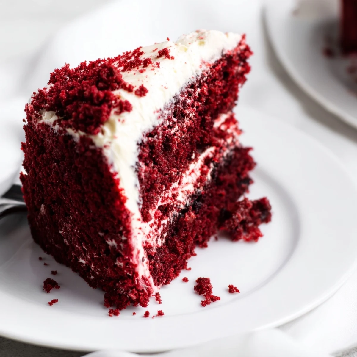 Luscious red velvet cake recipe slice topped with smooth cream cheese frosting and cake crumbs