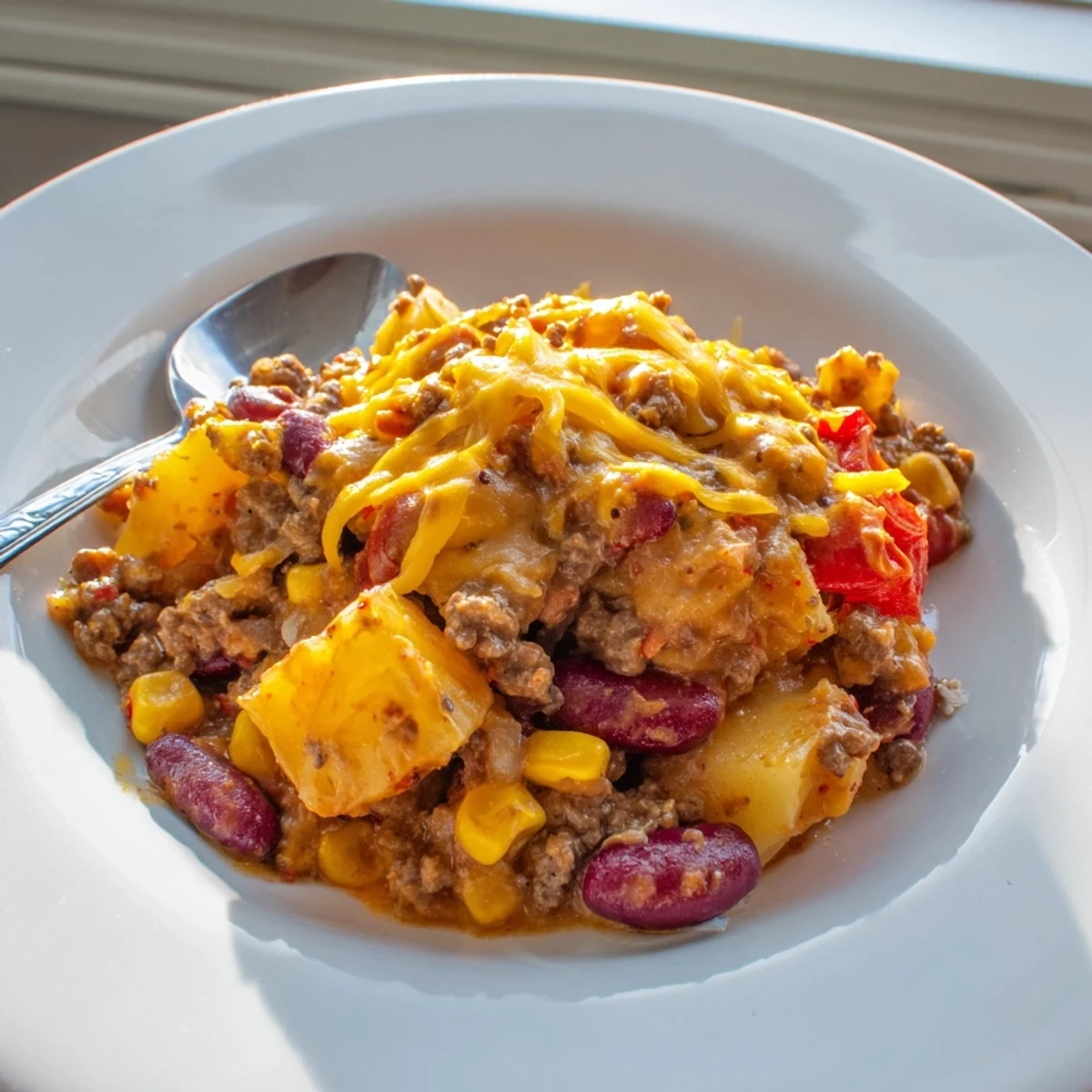 Golden slow cooker cowboy casserole topped with melted cheese featuring tender potatoes and ground beef