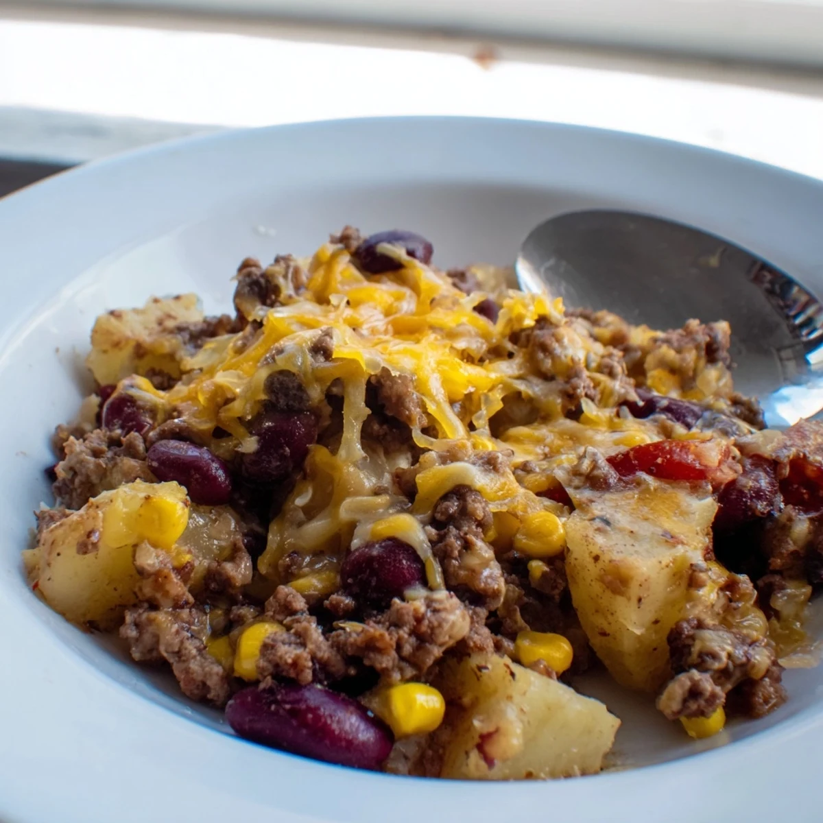 Slow cooker cowboy casserole bubbling with melted cheddar over hearty beef and vegetables