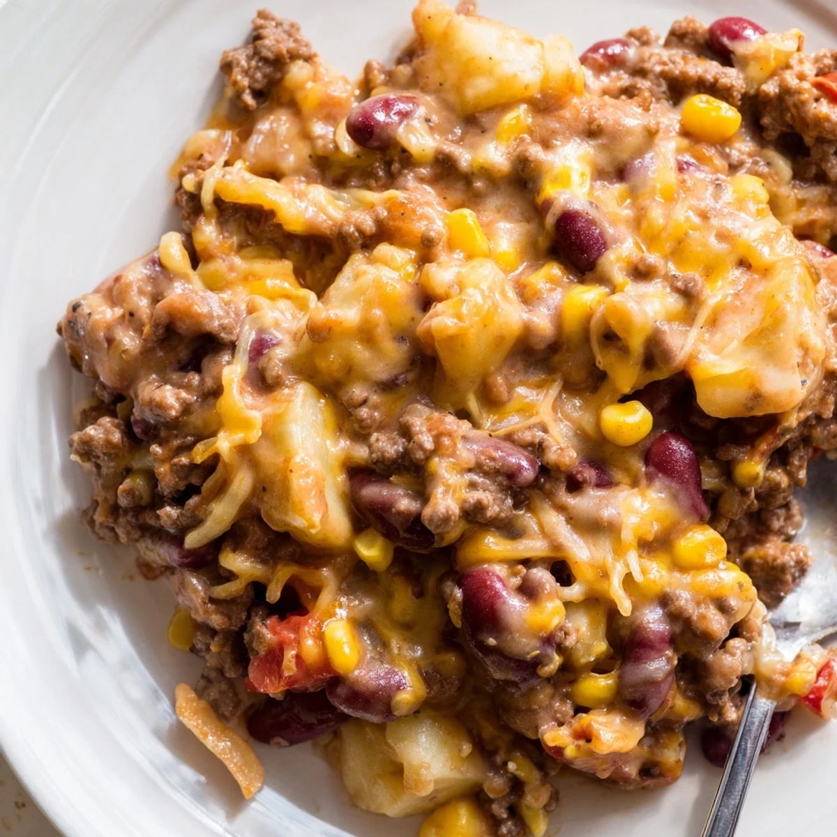 Comforting slow cooker cowboy casserole with layers of beans corn beef and melted cheddar topping