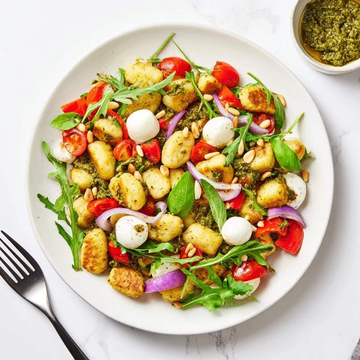 Golden roasted gnocchi salad with cherry tomatoes, fresh mozzarella, and vibrant basil pesto dressing