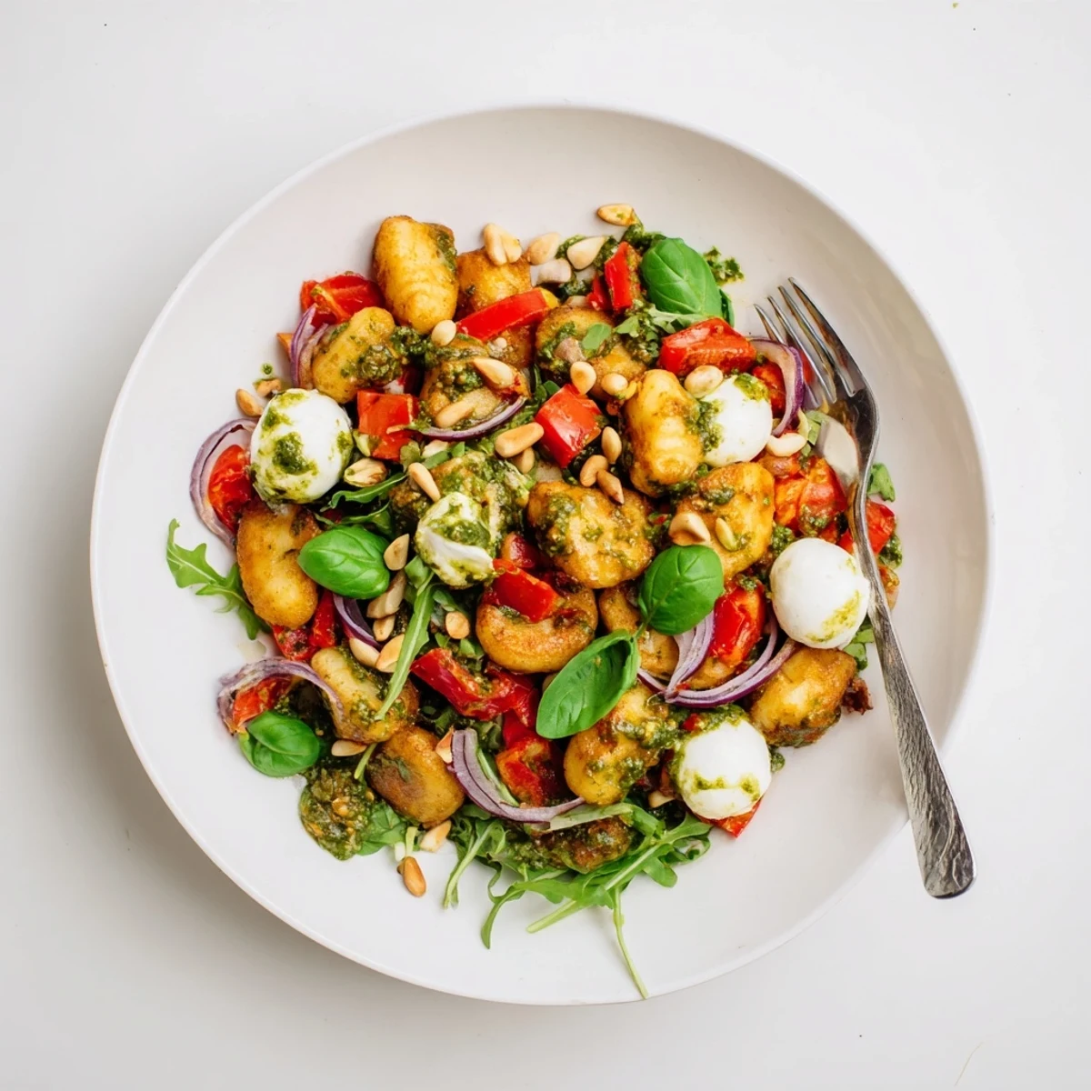Warm Italian-inspired pesto roasted gnocchi bowl featuring crisp vegetables and creamy mozzarella balls
