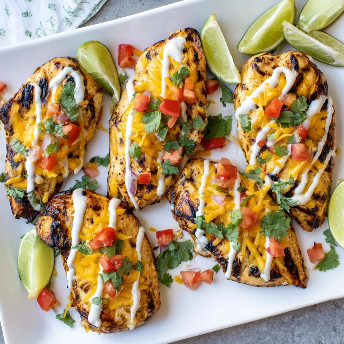 Zesty Fiesta Lime Chicken drizzled with creamy sauce and pico de gallo topping