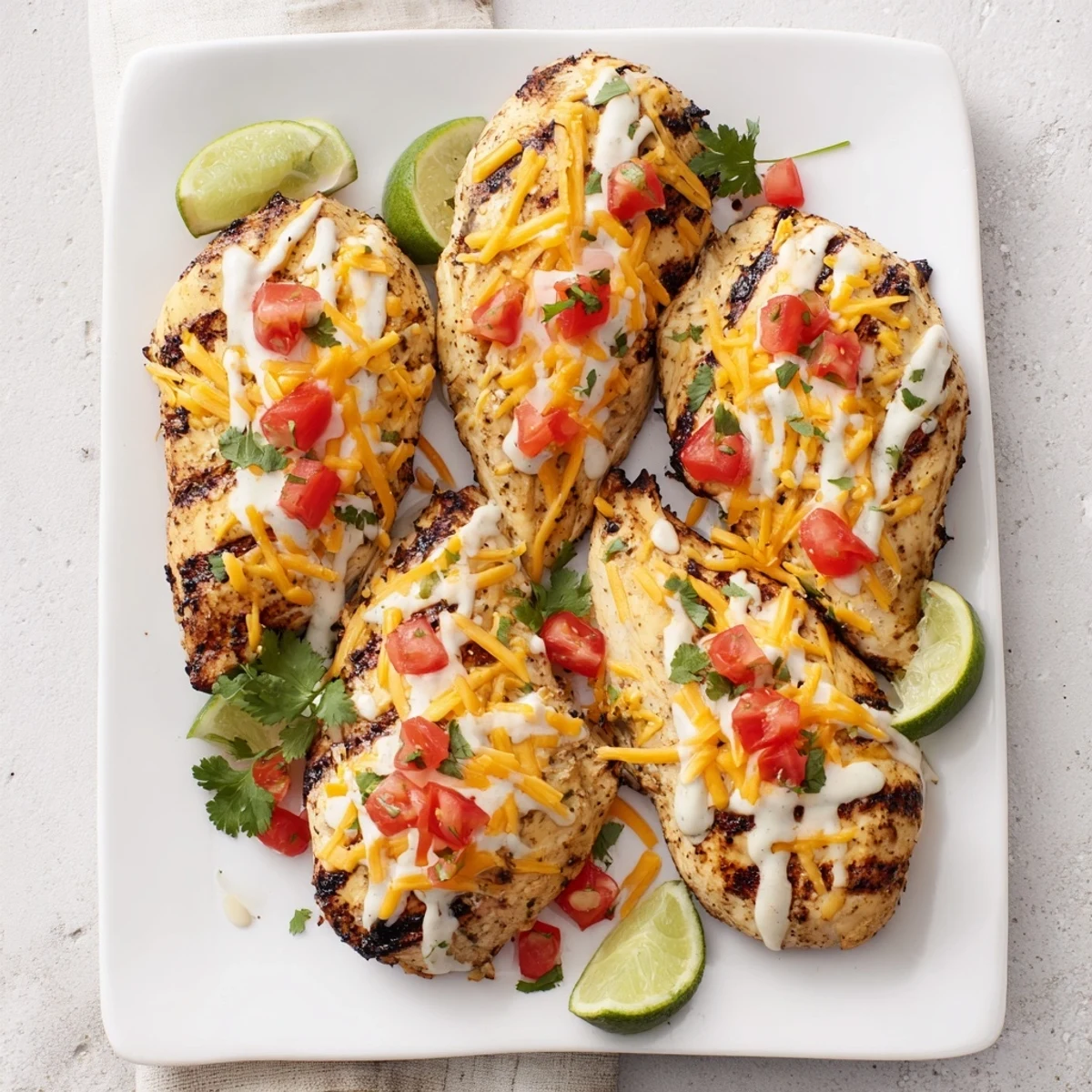 Charred Fiesta Lime Chicken breasts with lime wedges on a serving platter