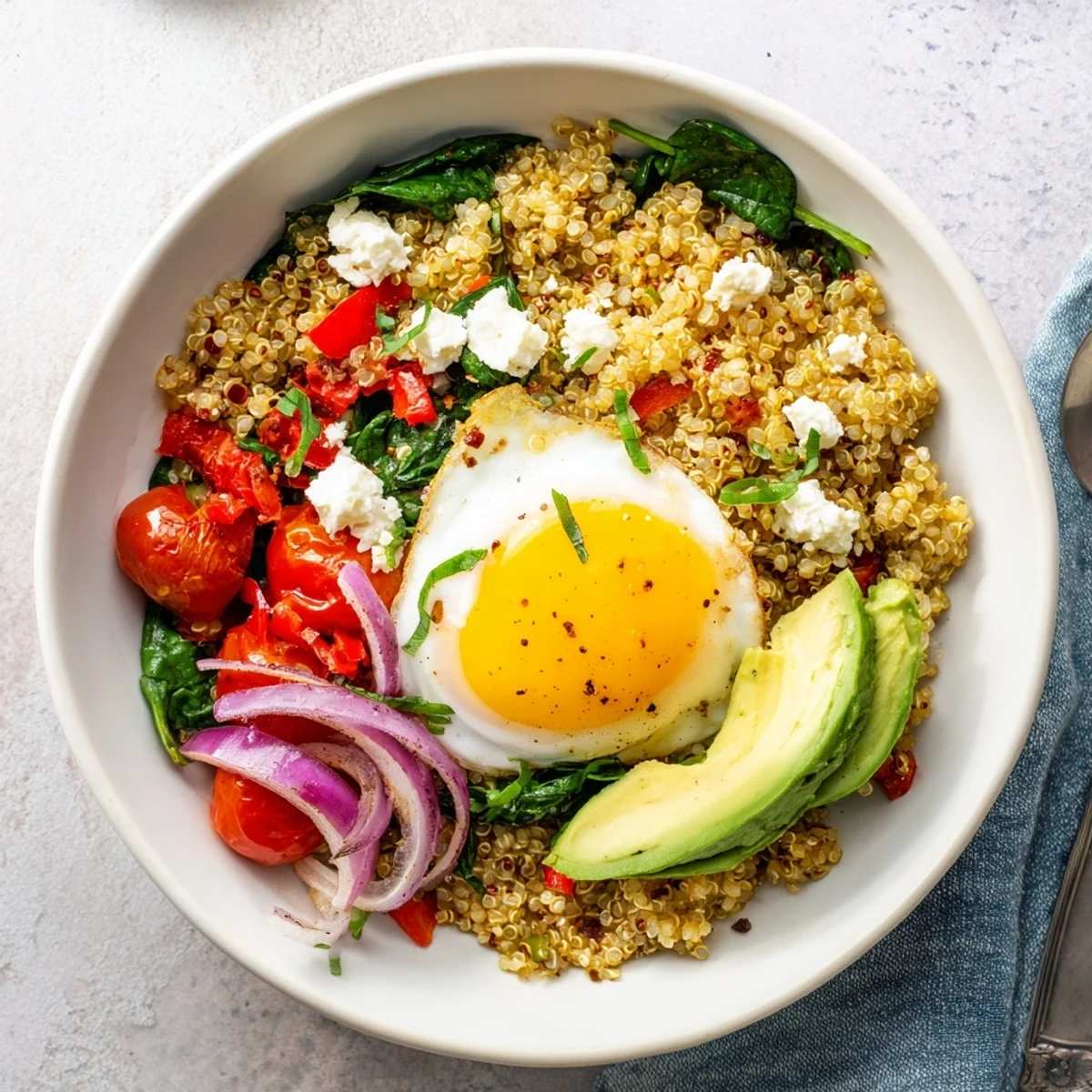 Protein-rich savory quinoa breakfast bowl garnished with fresh herbs and ripe avocado slices