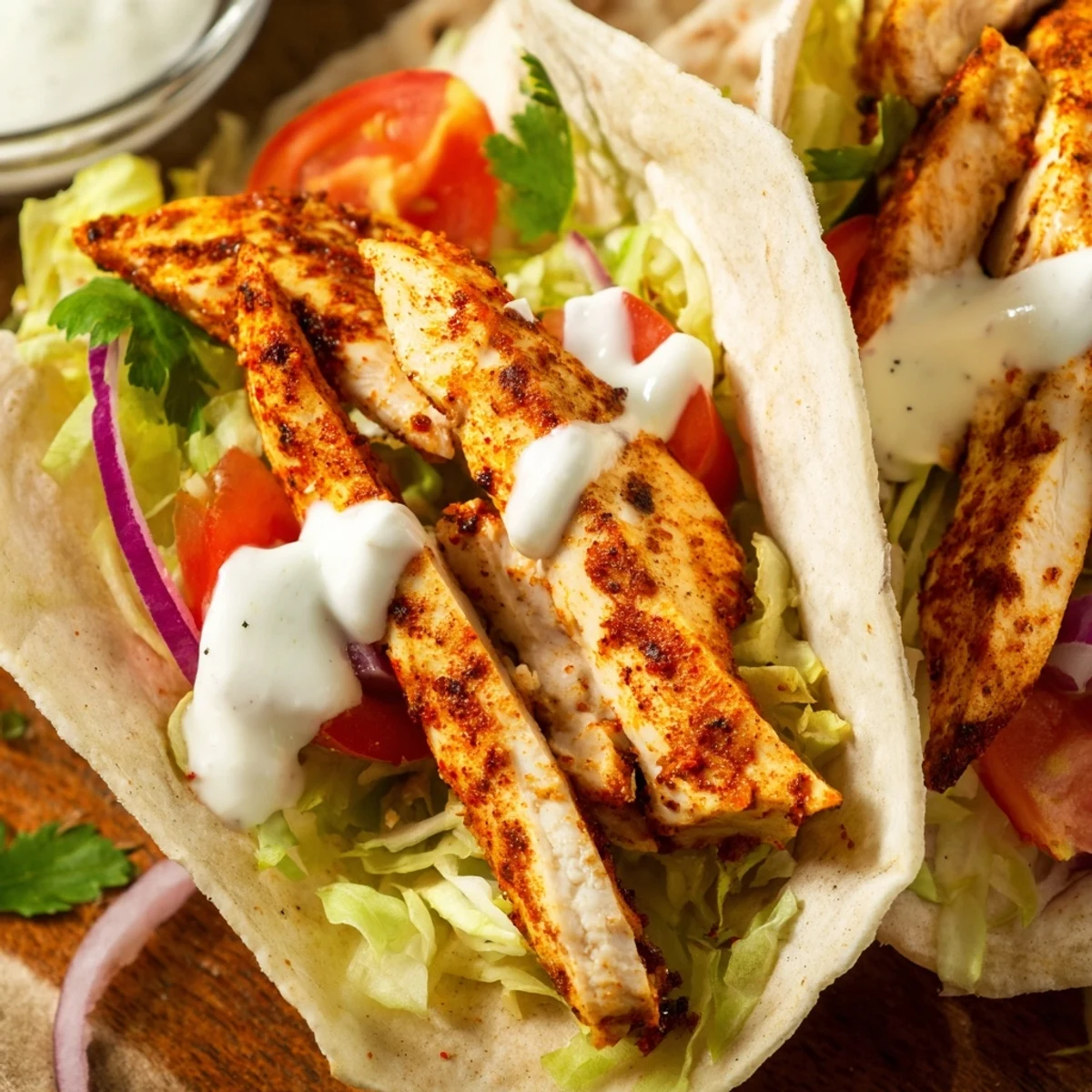 Golden high protein cottage cheese flatbread wrap filled with grilled seasoned chicken strips