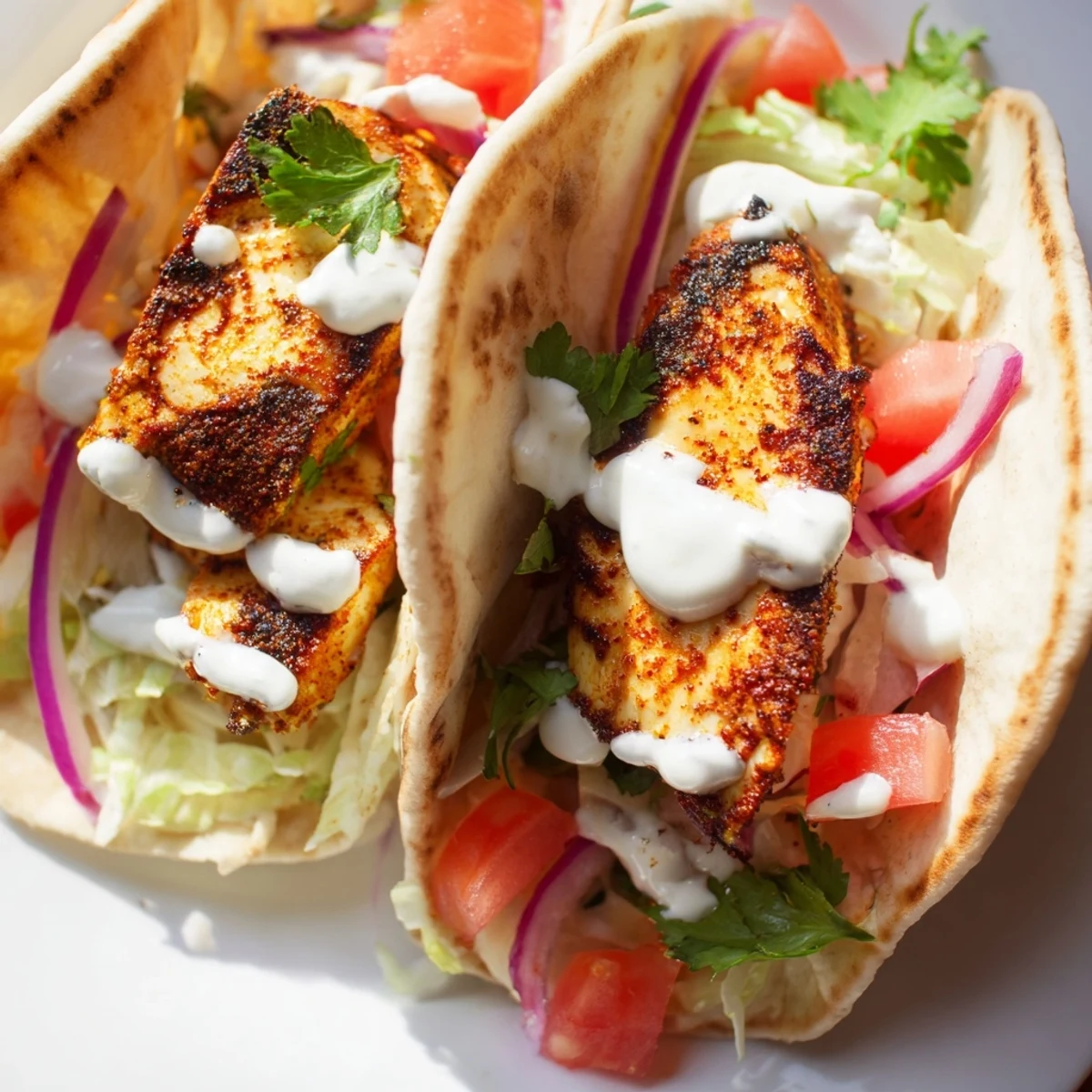 Crispy cottage cheese flatbread chicken wraps layered with fresh lettuce tomato and red onion