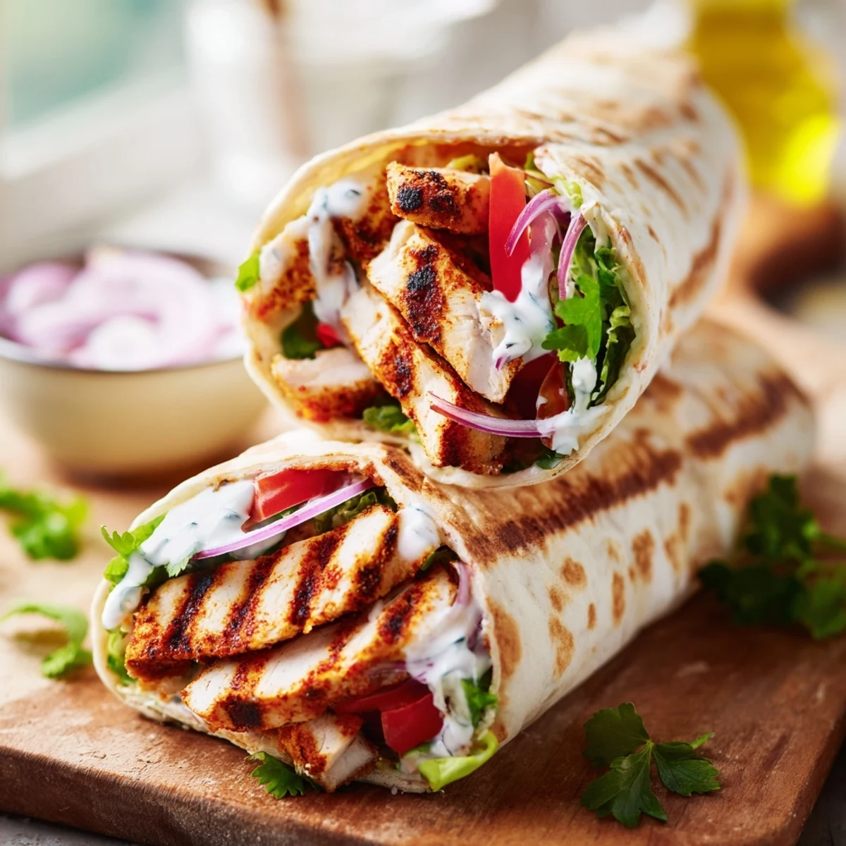 Protein-packed crispy cottage cheese flatbread wrap featuring juicy spiced chicken and cool Greek yogurt