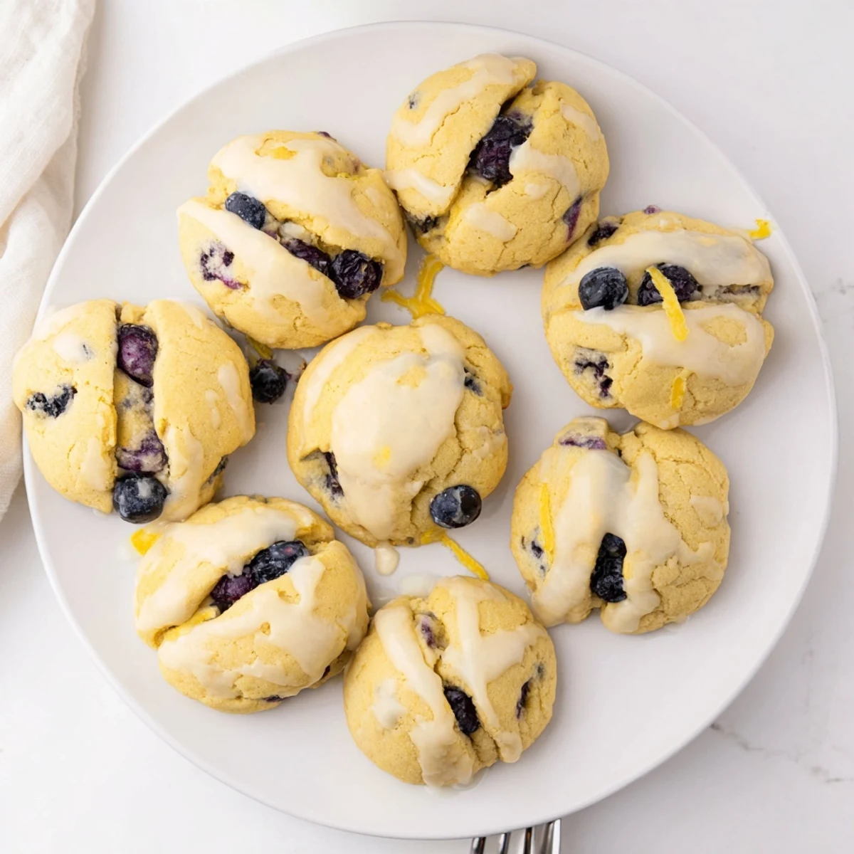 Soft baked lemon blueberry cheesecake cookies drizzled with tangy lemon glaze on white plate