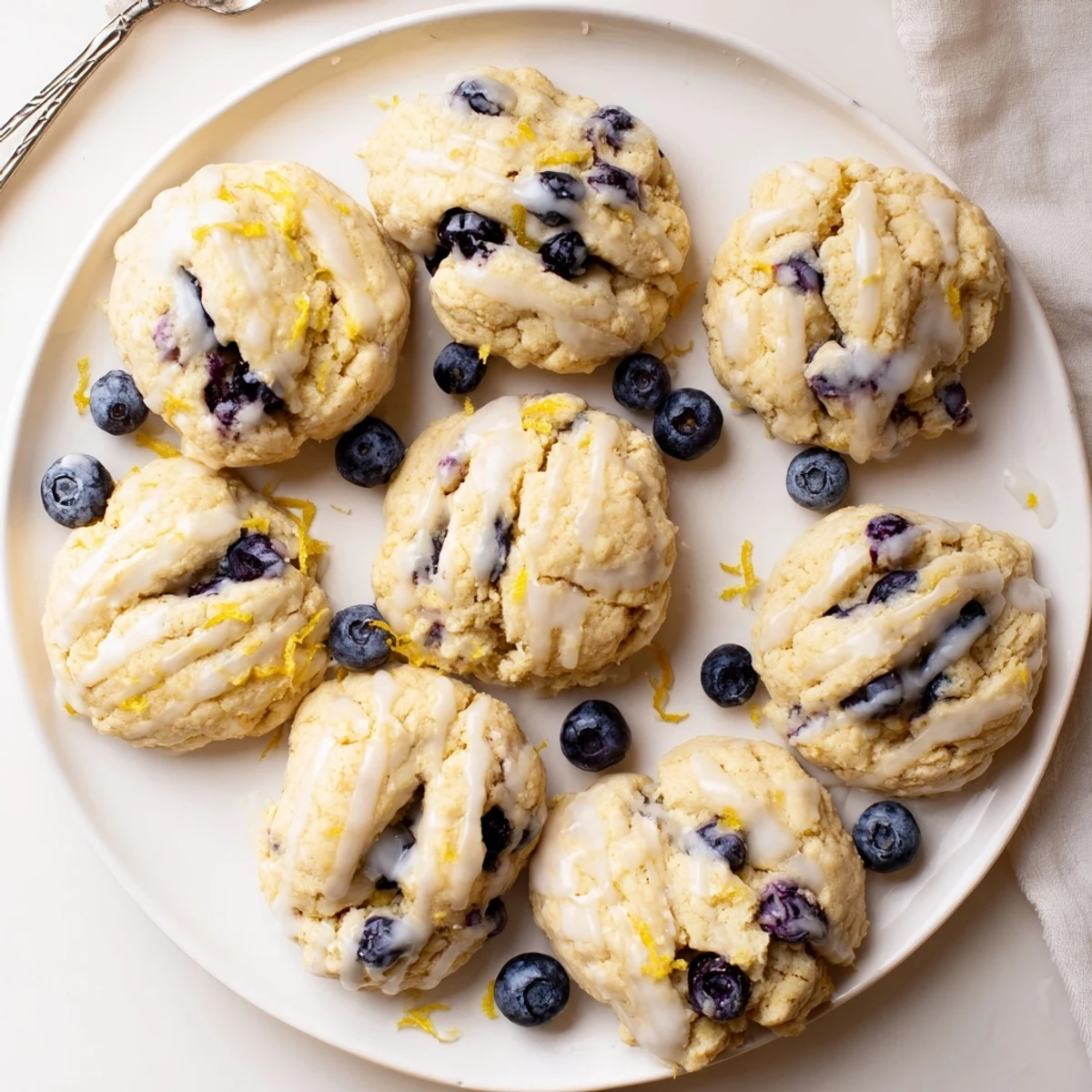 Bubbling lemon blueberry cheesecake cookies showing stuffed cream cheese filling and golden edges
