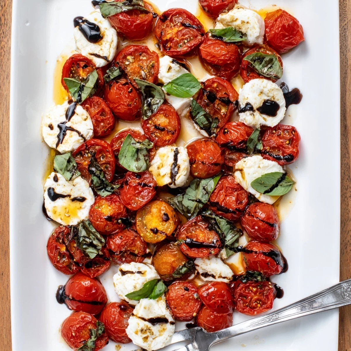 Colorful platter of caramelized tomatoes and creamy mozzarella topped with fragrant green basil leaves