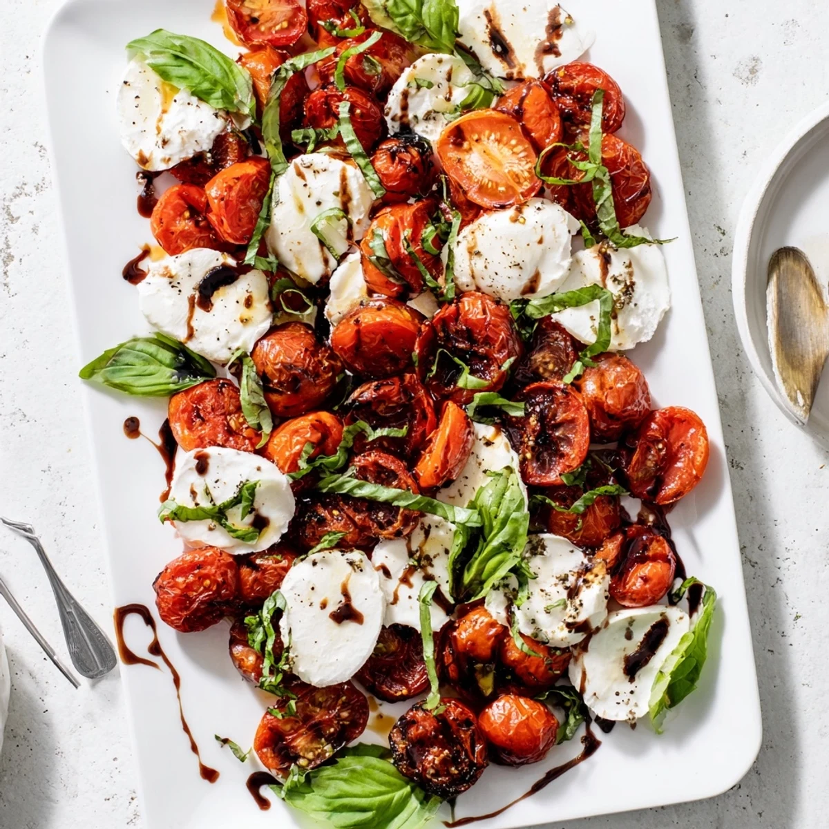 Golden roasted cherry tomatoes layered with fresh mozzarella and basil drizzled with balsamic glaze