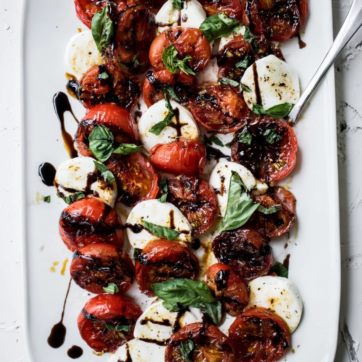 Roasted tomato Caprese salad featuring bubbling hot tomatoes nestled beside cool slices of mozzarella cheese