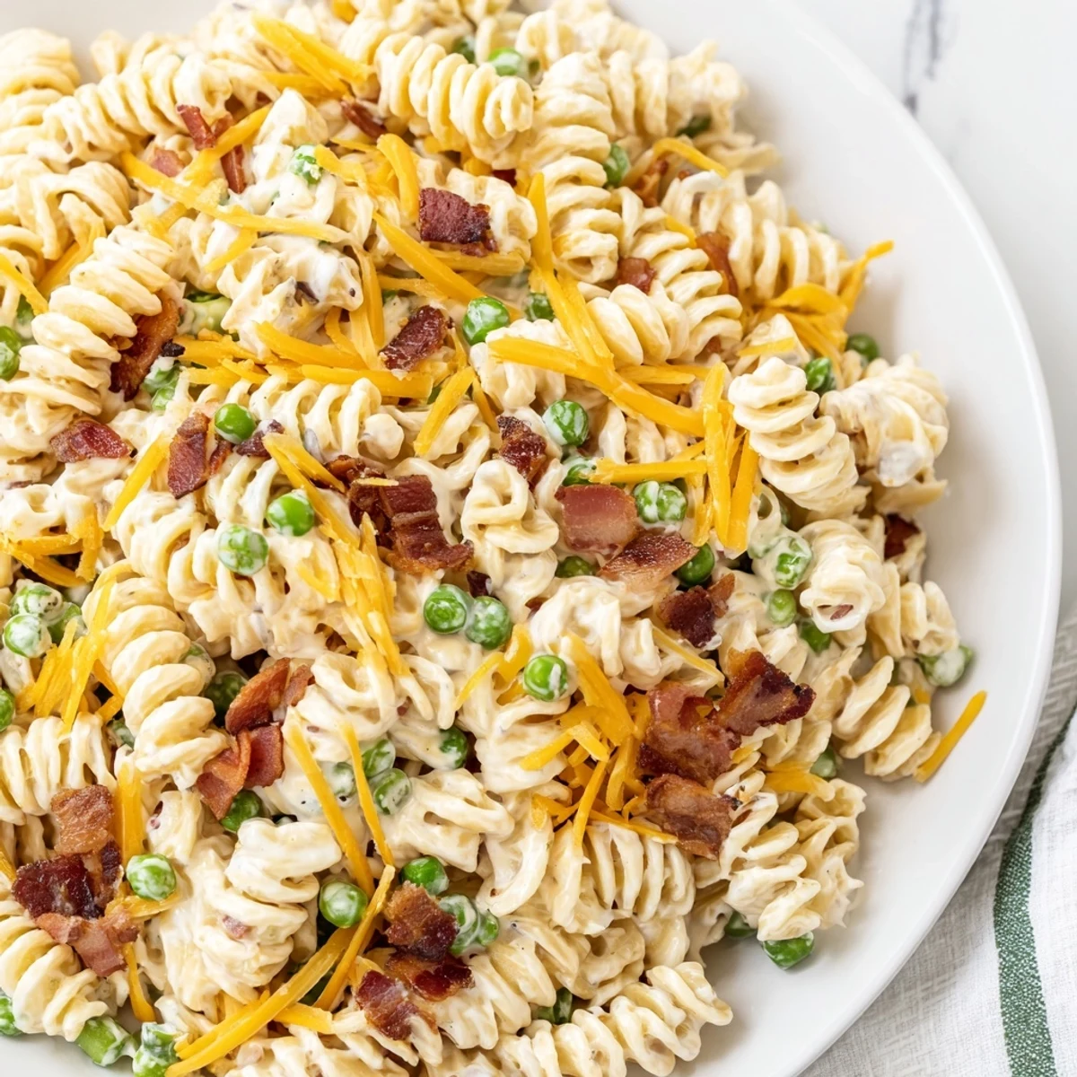 Creamy crack pasta salad loaded with crispy bacon, cheddar, and ranch dressing in a white serving bowl