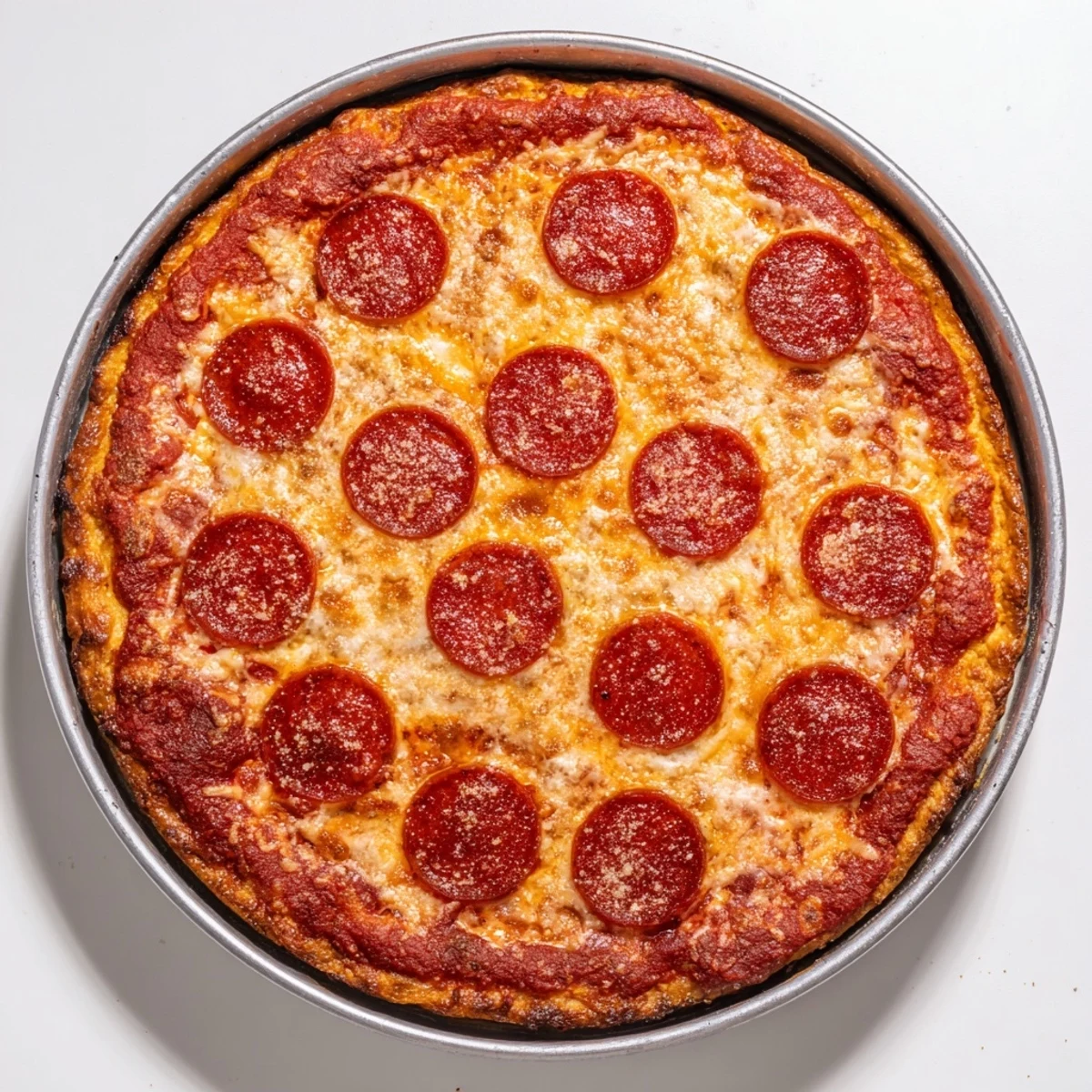 Thick pan pizza recipe featuring melted cheese topping and golden crunchy crust edges