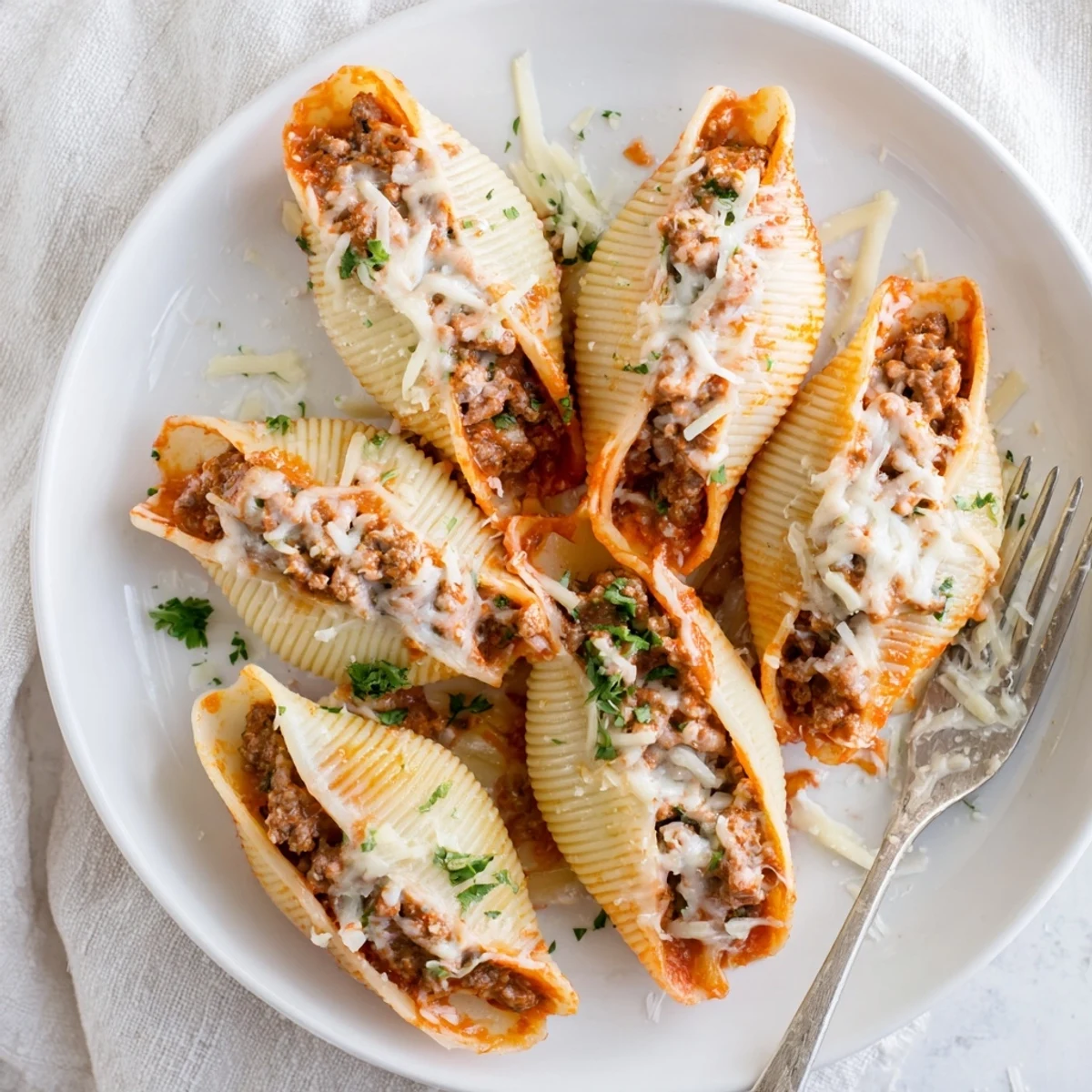 Golden jumbo pasta shells stuffed with savory beef and ricotta filling in creamy tomato sauce