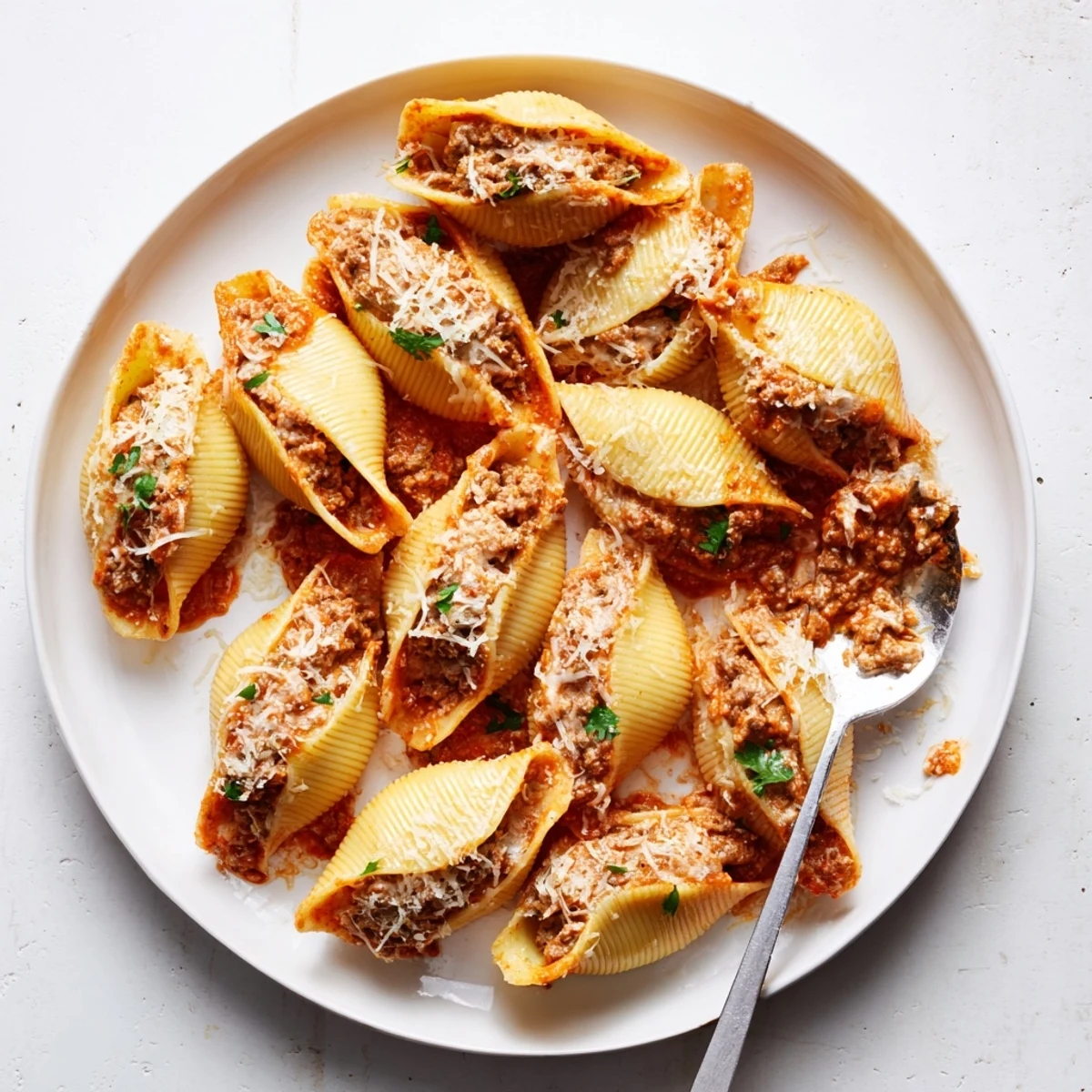 Baked creamy beef stuffed shells recipe topped with melted mozzarella and Parmesan cheese