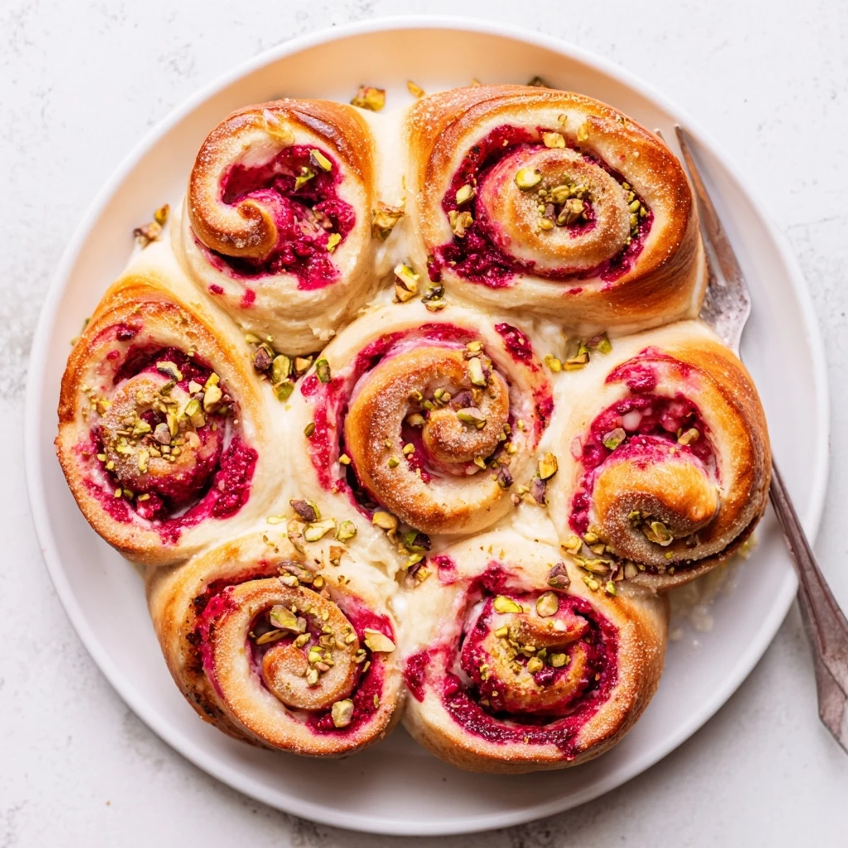 Golden raspberry and rose cheesecake buns topped with pink compote and rose petals on a white plate