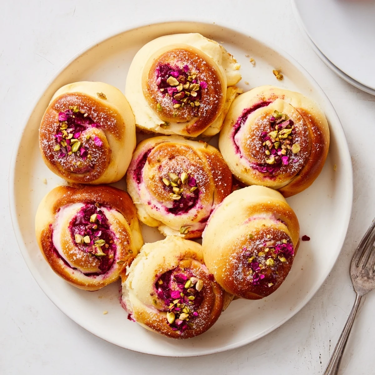 Soft rose-infused cheesecake buns filled with vibrant raspberry swirls and sprinkled with chopped pistachios