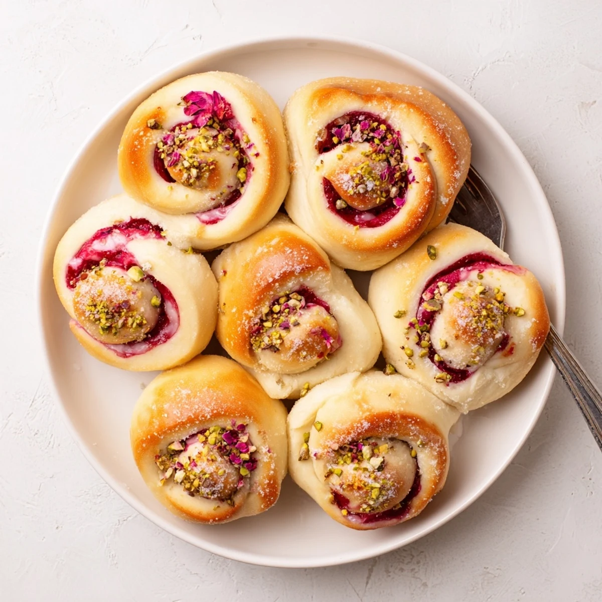 Freshly baked floral buns oozing creamy rose cheesecake filling and tart raspberry compote from golden pastry