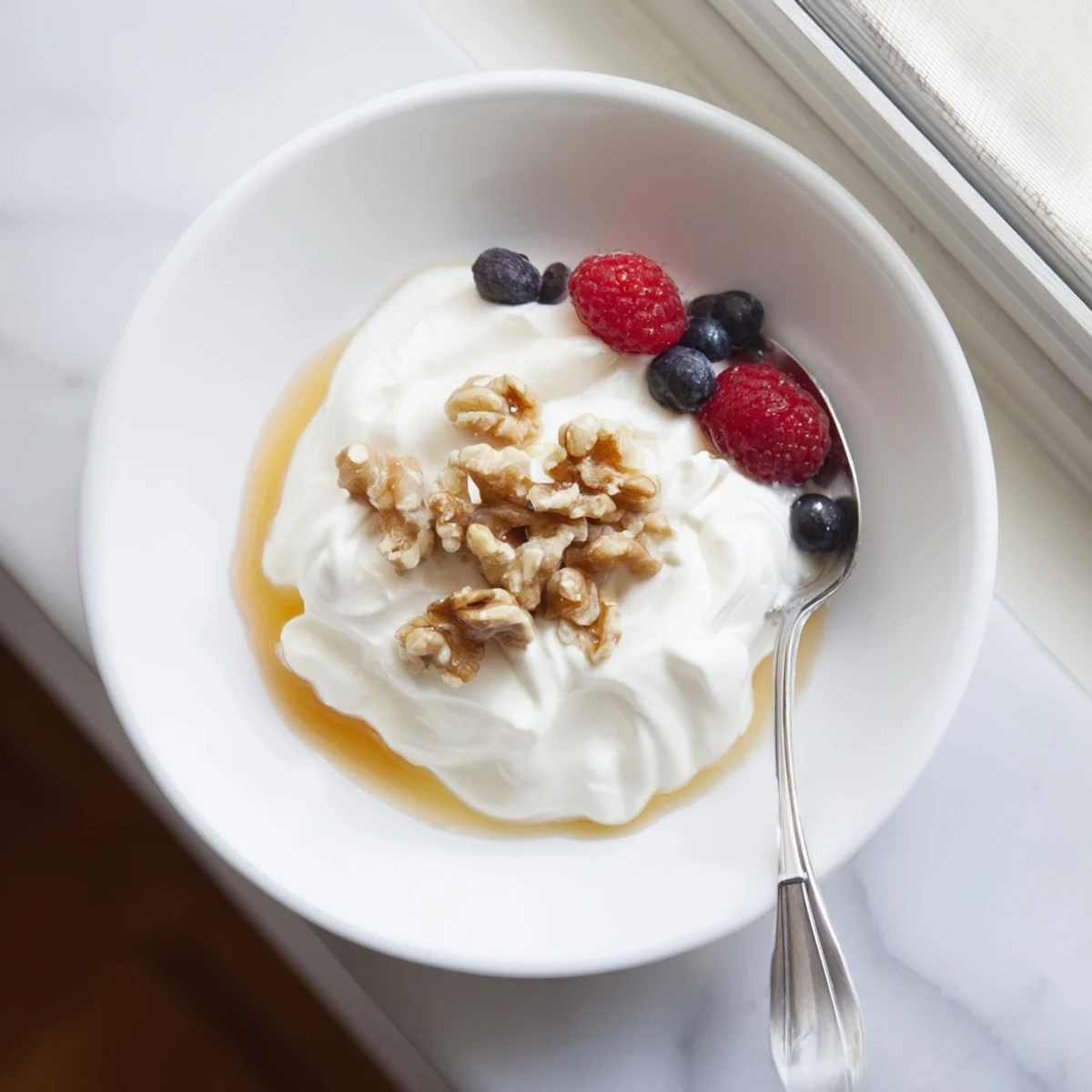 Thick Greek yogurt spoon resting on a wooden board beside jar of golden honey and granola