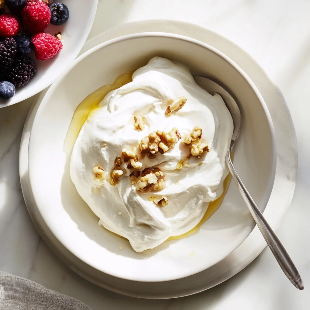 Rich and creamy homemade Greek yogurt in a white bowl topped with fresh berries and honey drizzle