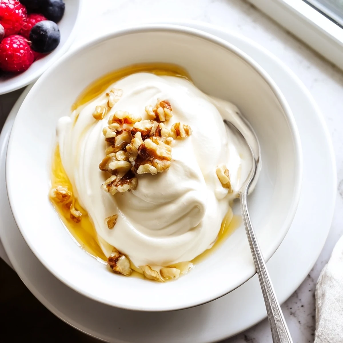 Glass container filled with strained Greek yogurt showing velvety texture on marble countertop