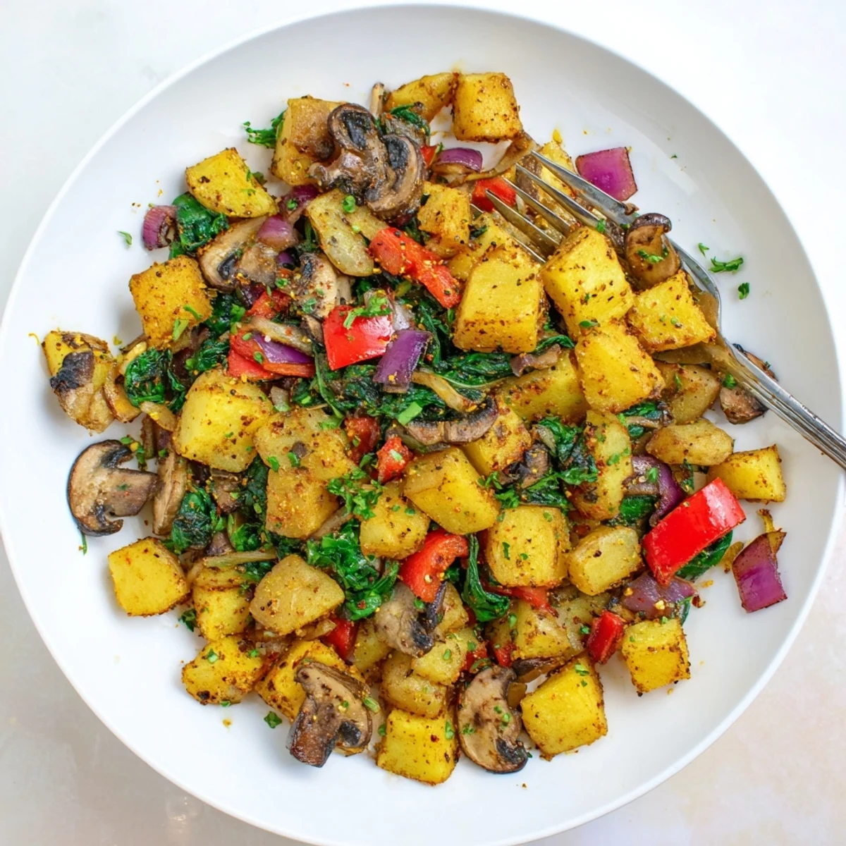 Hearty flavorful vegan breakfast hash with sautéed bell peppers mushrooms and fresh spinach garnish