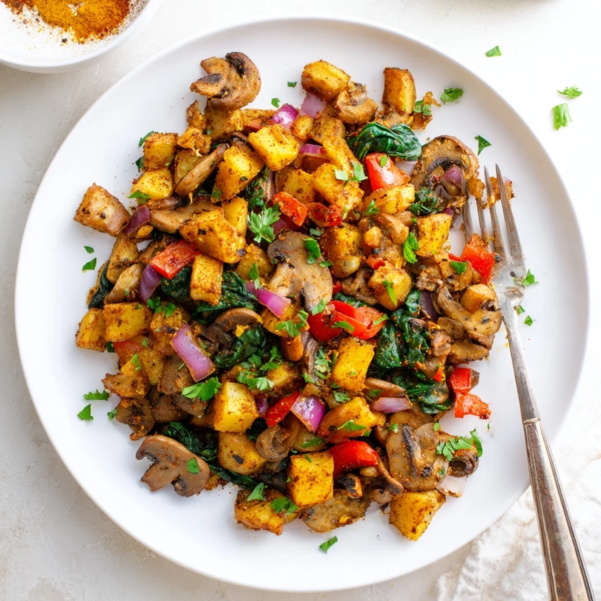 Sizzling skillet of vegan breakfast hash featuring golden brown potatoes onions and vibrant spices