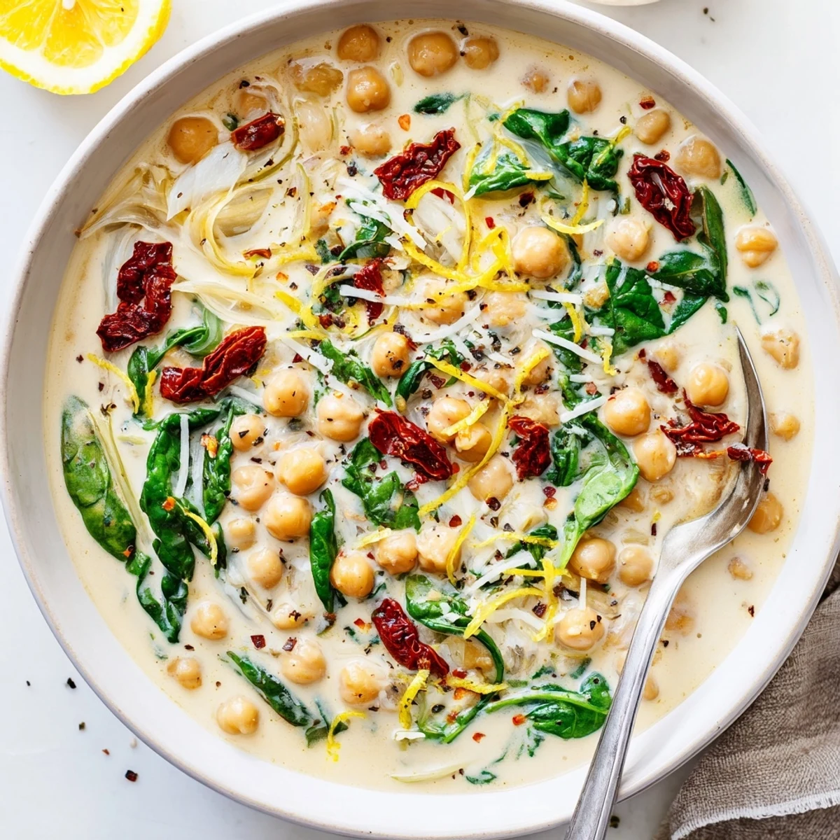 Creamy Marry Me Chickpeas simmered with sun-dried tomatoes, spinach, and fresh herbs in a rich sauce