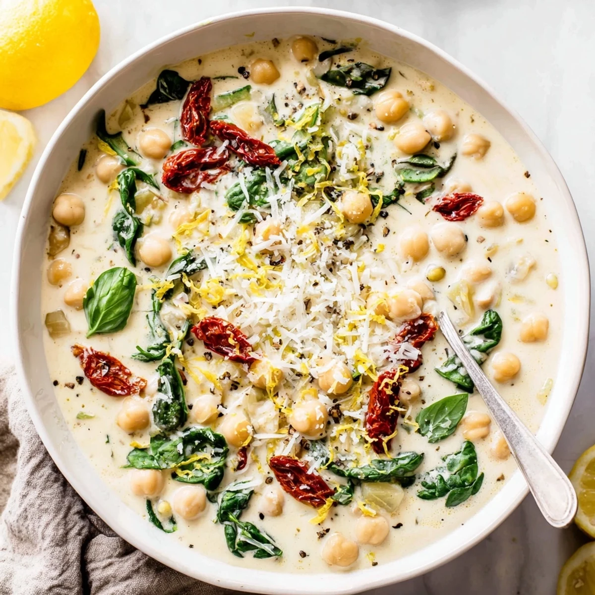 Vibrant Marry Me Chickpeas bowl topped with fresh basil and lemon zest against a rustic background