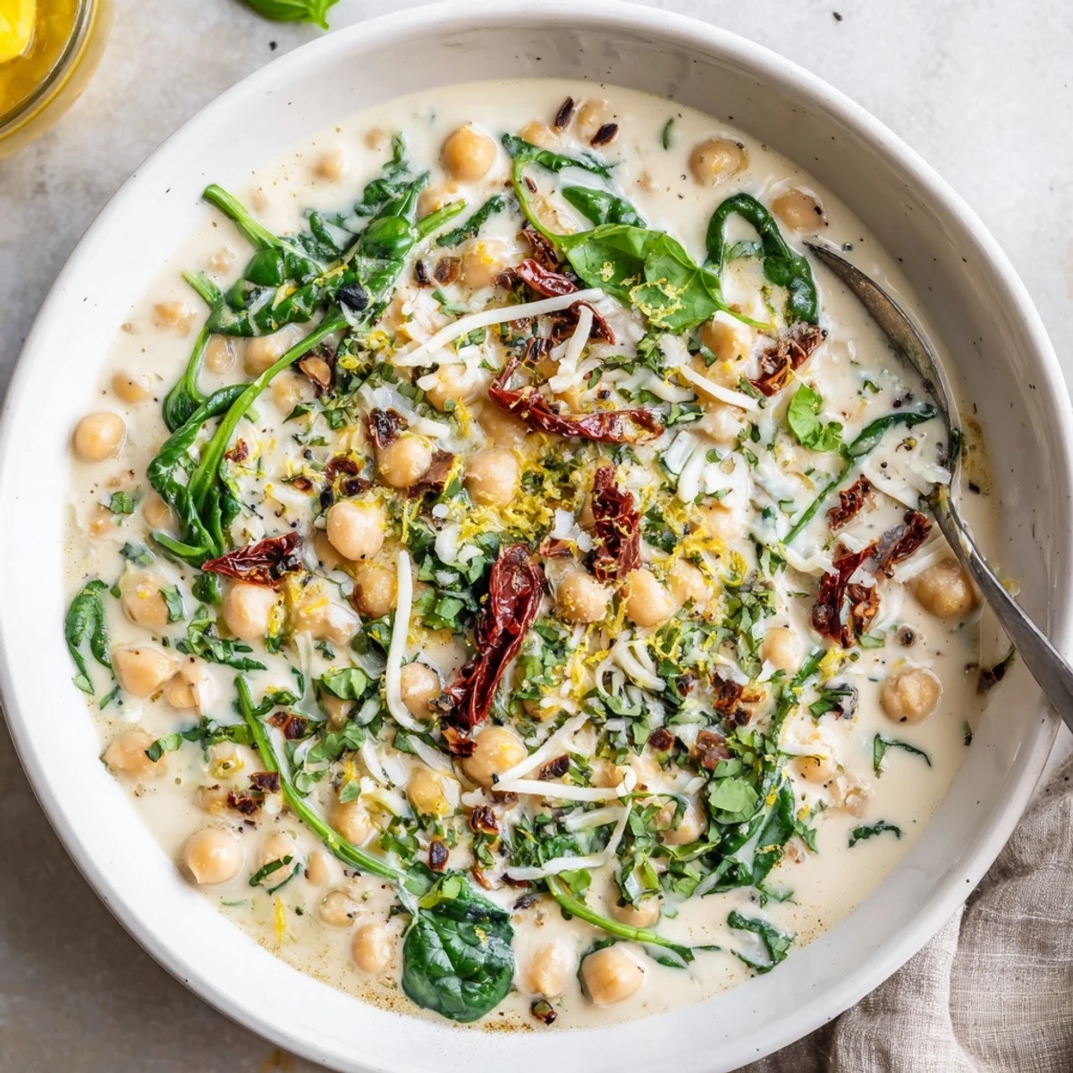 Golden chickpeas coated in a velvety herb-infused cream sauce with sun-dried tomatoes and wilted spinach