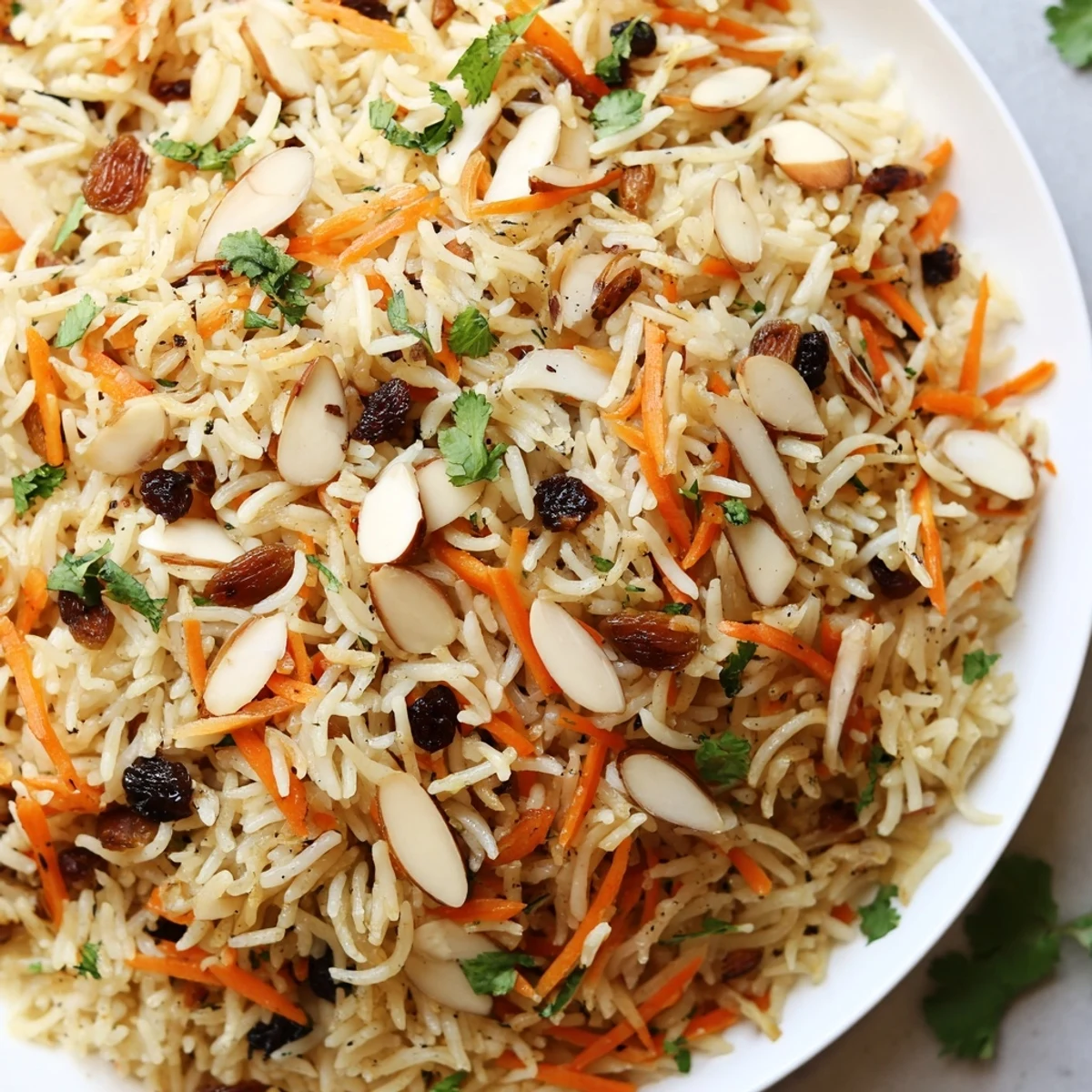 Golden Afghan rice topped with caramelized carrots, plump raisins, and fragrant warm spices