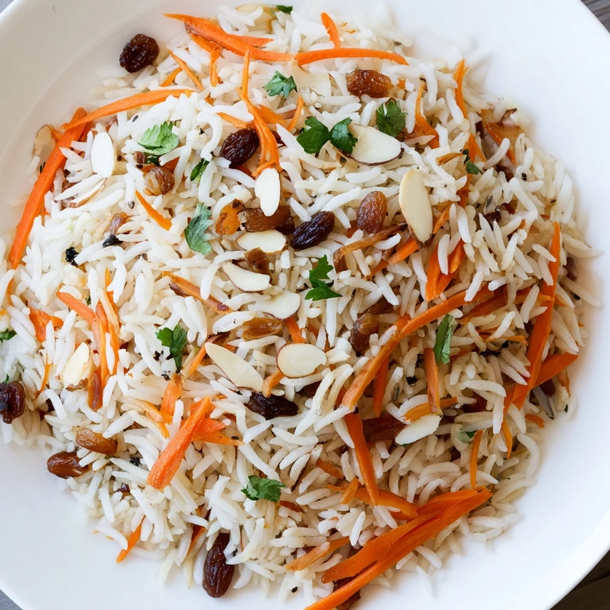 Fluffy Afghan rice studded with sweet carrots and raisins in a traditional serving bowl