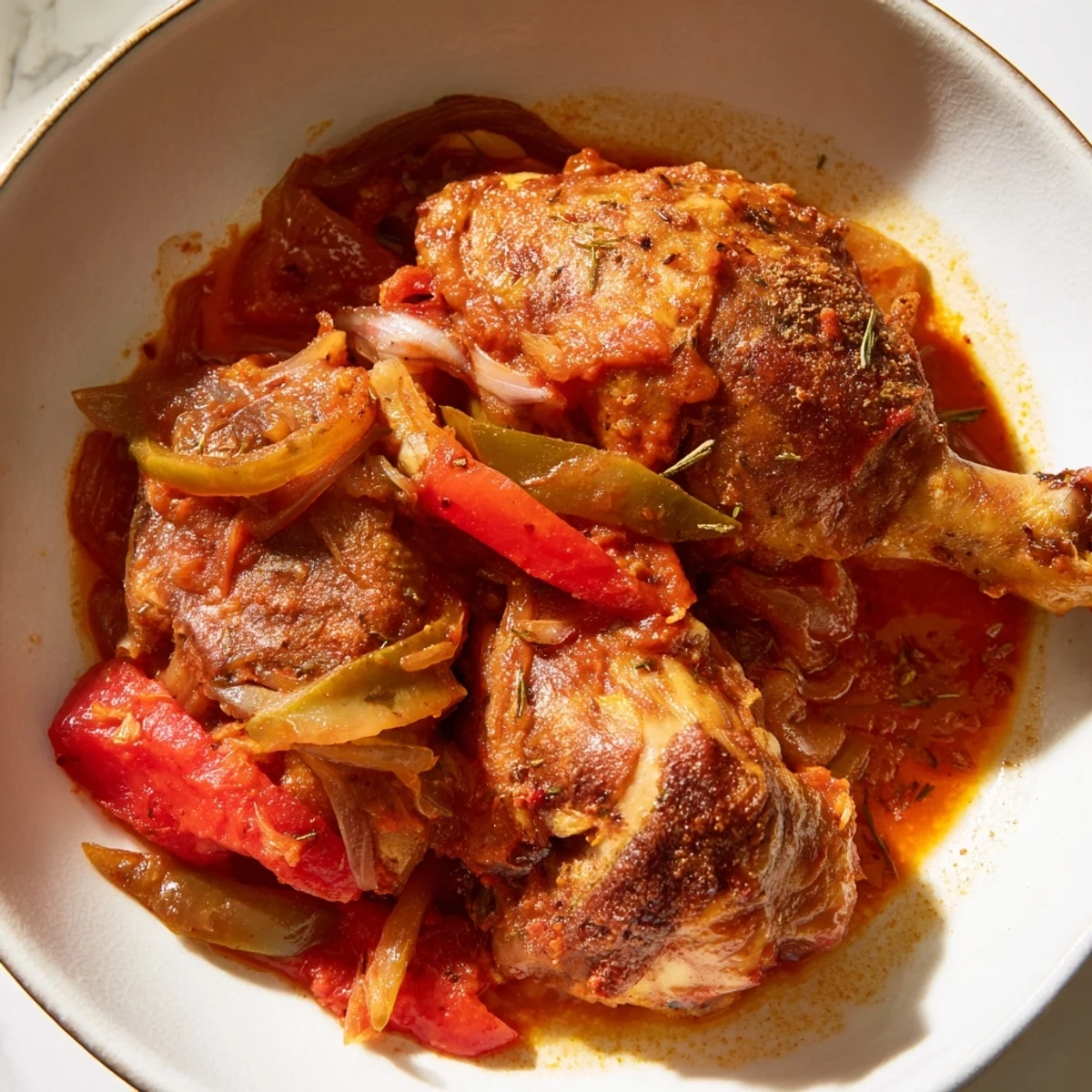 Senegalese chicken simmering in rich tomato sauce with colorful bell peppers and aromatic spices