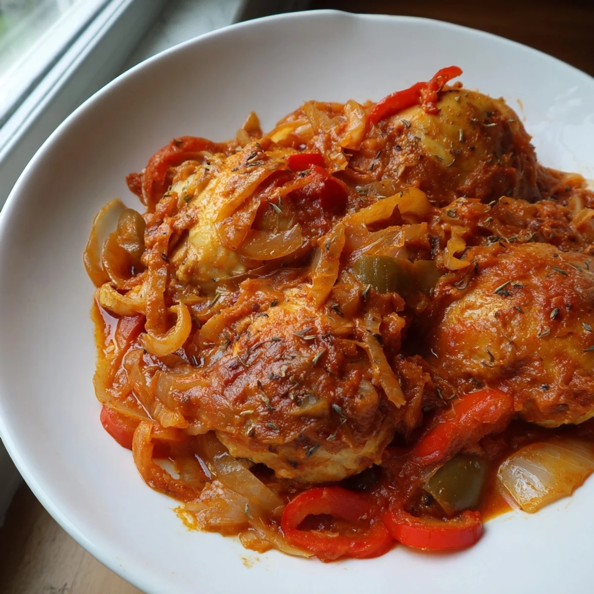 Tender Senegalese chicken thighs nestled in thick spiced tomato gravy with caramelized onions