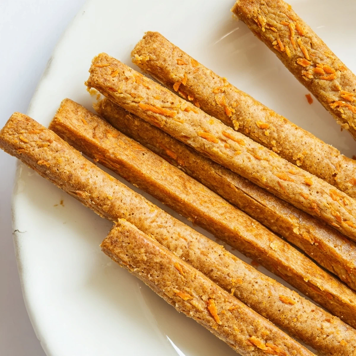 Golden homemade apple and carrot dog chew sticks arranged on parchment paper for healthy treating