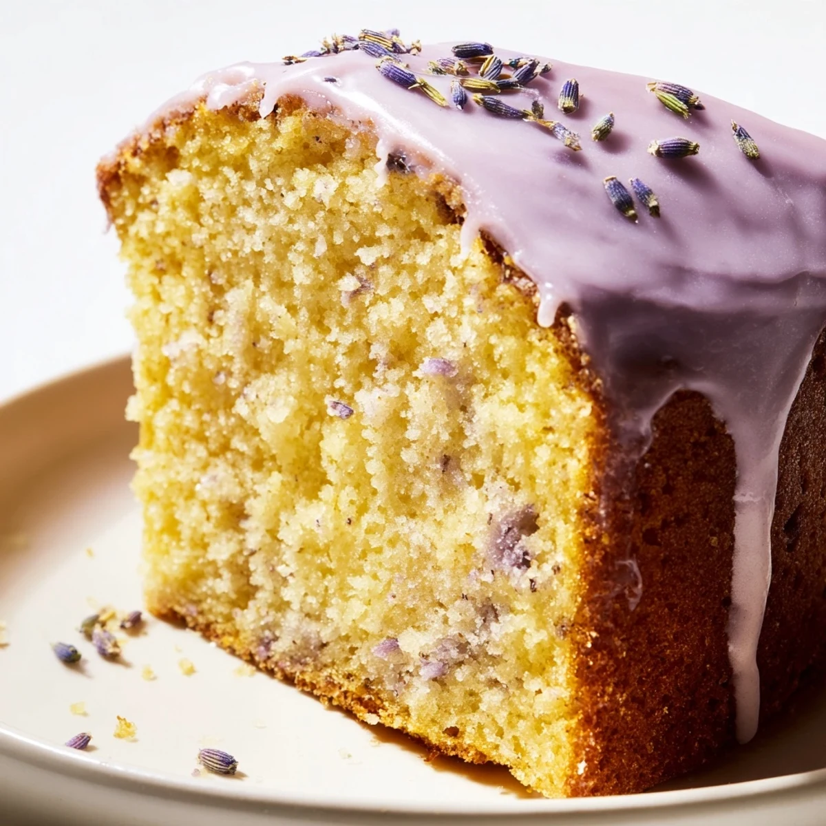 Soft lavender cake slice on a vintage plate, topped with sweet citrus icing